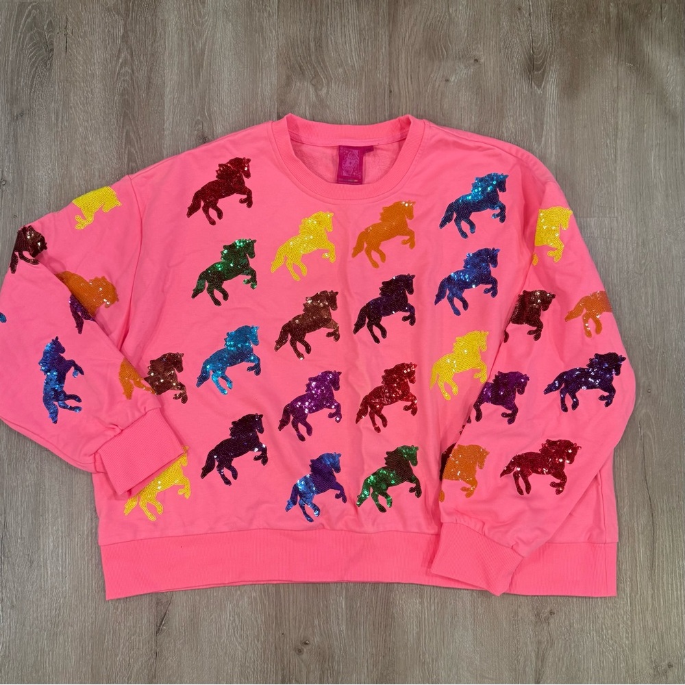 NWOT Queen of Sparkles Sequin Horse Pink Sweatshirt Size XXL Flawed see pics